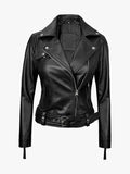 Angela Womens Black Belted Asymmetrical Leather Jacket