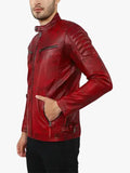 Asher Distressed Red Quilted Racer Leather Jacket Side