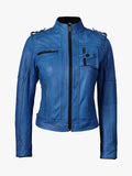 Blue Waxed Biker Leather Jacket For Women