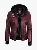 Burgundy Leather Jacket with Removable Hood For Women