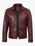 Classic Shirt Collar Burgundy Harrington Leather Jacket