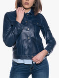 Giusy Women Blue Biker Style Leather Jacket