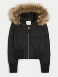 Hollister Faux Fur Trim Puffer Bomber Jacket Black