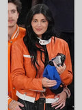Kylie Jenner Knicks Game 5 Orange Leather Jacket