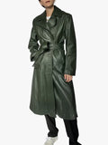 Long 70s Dark Green Belted Leather Trench Coat