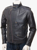 Musbury Navy Leather Biker Jacket