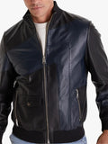Matthew Black and Blue Leather Bomber Jacket