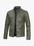 Men Olive Green Cafe Racer Leather Jacket