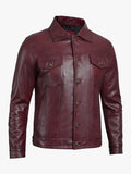 Men Real Lambskin Leather Burgundy Trucker Jacket