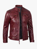 Men Real Leather Burgundy Biker Jacket Quilted Shoulder