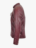 Men Stand Collar Real Lambskin Burgundy Leather Biker Jacket
