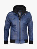 Men's Blue Bomber Leather Jacket with Hood