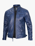 Men's Blue Waxed Quilted Shoulder Café Racer Leather Jacket