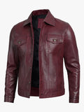 Men's Real Lambskin Leather Burgundy Trucker Jacket