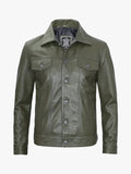 Mens Dark Green Trucker Leather Jacket