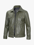 Mens Four Pockets Olive Green Trucker Leather Jacket