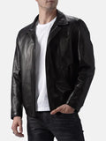 Mens Turn Down Collar Black Leather Jacket Front