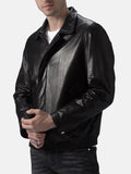 Mens Turn Down Style Collar Black Leather Jacket