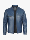 Mens Blue Cafe Racer Leather Jacket