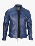 Mens Blue Quilted Leather Biker Jacket