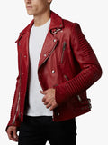 Mens Rich Red Slim Fit Motorcycle Biker Leather Jacket Side