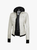 Off White Women’s Removable Hood Motorcycle Leather Jacket