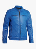 Real Leather Distressed Blue Cafe Racer Jacket