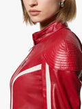 Redline Bolt High-Collar Leather Biker Red Jacket