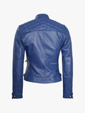Saoirse Ladies Jacket Blue Cafe Racer Leather With Snap-Tab Collar