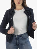 Slim Fit Blue Suede Bomber Jacket for Women