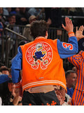 Timothee Chalamet Chrome Hearts Orange and Blue Varsity Jacket