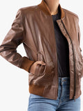 Women Classic Baseball Cognac Brown Leather Bomber Style Jacket