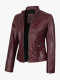 Women's Burgundy Leather Cafe Racer Jacket