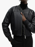 Women's Mango Outlet Black Leather Bomber Jacket