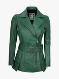 Womens Green Belted Biker Jacket