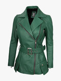 Womens Green Belted Biker Zipper Jacket