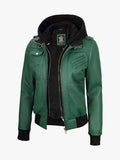 Womens Green Bomber Hooded Jacket