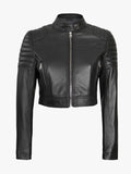 Womens Black Cropped Leather Moto Jacket
