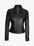 Womens Harrington Style Black Real Leather Jacket Front