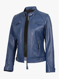 Womens Real Lambskin Leather Blue Quilted Biker Zipper Jacket