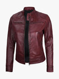 Womens Real Leather Maroon Moto Jacket