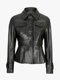 Womens Short Body Black Peplum Leather Jacket Front