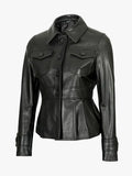 Womens Short Body Black Peplum Leather Jacket Side