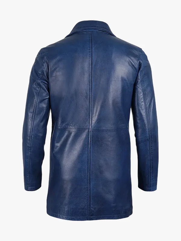 3/4 Length Blue Waxed Leather Coat for Men