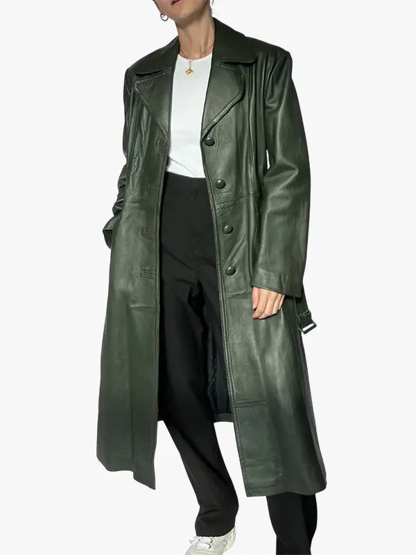 70s Dark Green Belted Leather Trench Coat