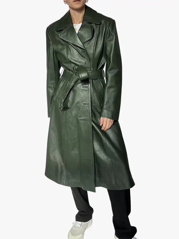 70s Dark Green Buttoned Leather Trench Coat