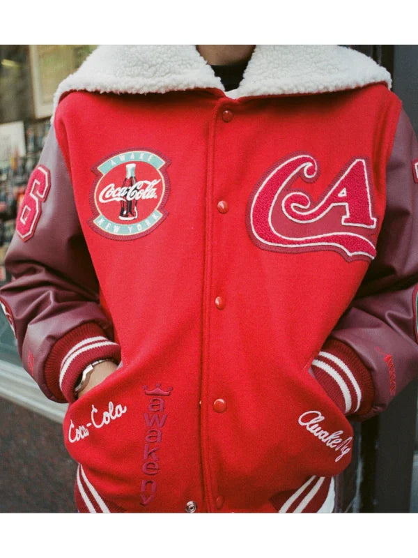 AWAKE NY x Coca-Cola Shearling Varsity Jacket Red