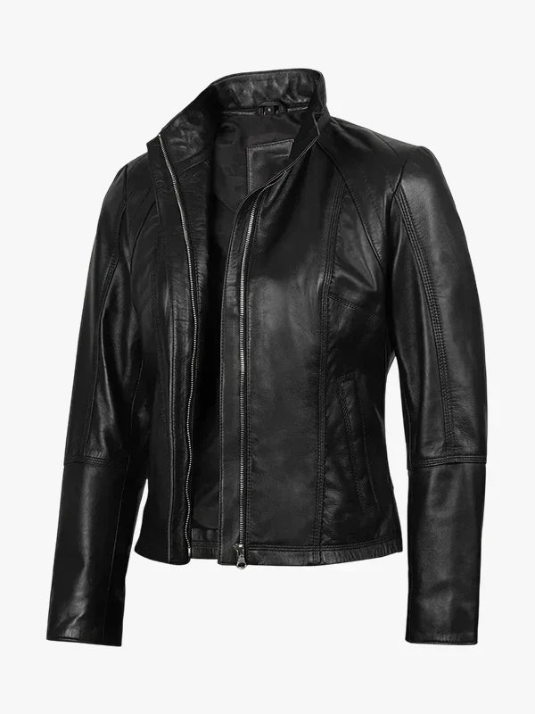Acerra Womens Black Leather Cafe Racer Jacket