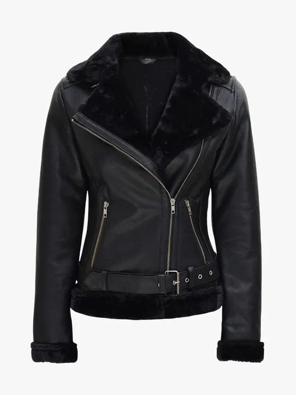 Agnes Womens Black Leather Shearling Jacket
