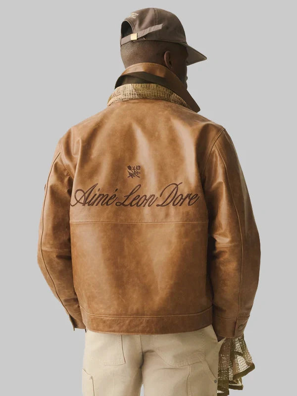 Aime Leon Dore Brown Leather Aviator Jacket